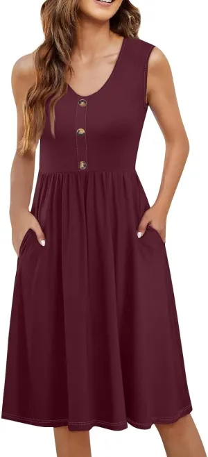 Summer Dresses for Women 2025 Casual Sleeveless Crewneck Midi Dress Flowy Pleated Beach Vacation Tank Sundresses