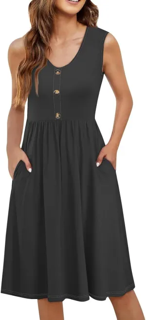 Summer Dresses for Women 2025 Casual Sleeveless Crewneck Midi Dress Flowy Pleated Beach Vacation Tank Sundresses