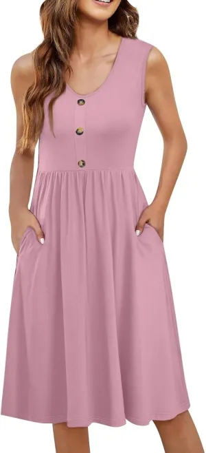 Summer Dresses for Women 2025 Casual Sleeveless Crewneck Midi Dress Flowy Pleated Beach Vacation Tank Sundresses