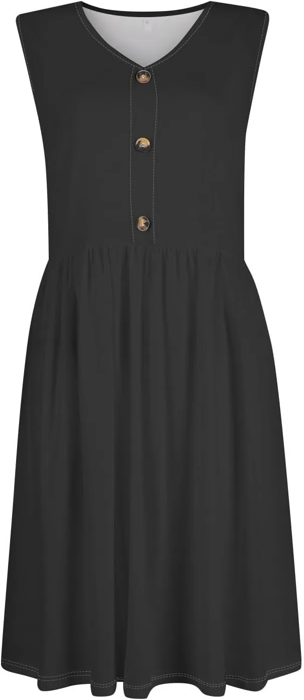 Summer Dresses for Women 2025 Casual Sleeveless Crewneck Midi Dress Flowy Pleated Beach Vacation Tank Sundresses