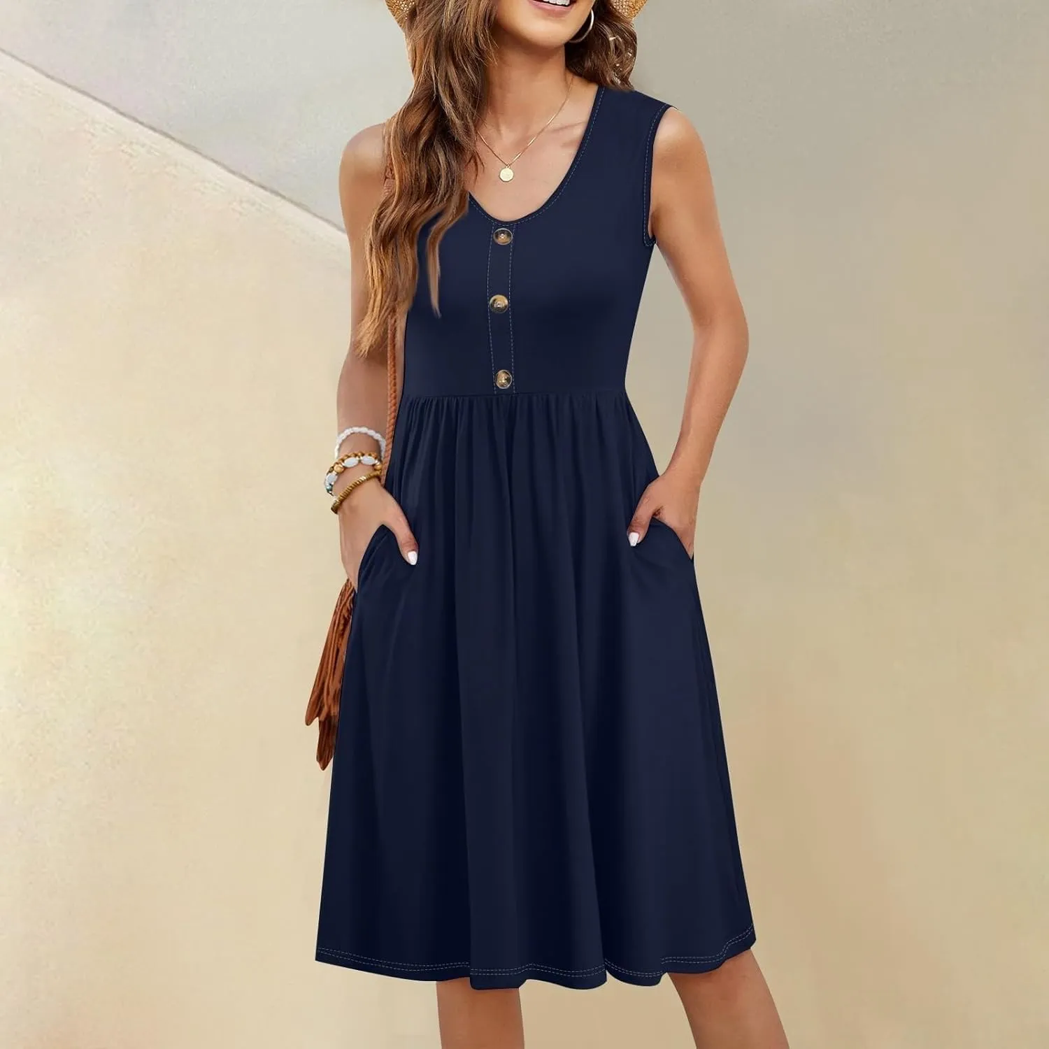 Summer Dresses for Women 2025 Casual Sleeveless Crewneck Midi Dress Flowy Pleated Beach Vacation Tank Sundresses