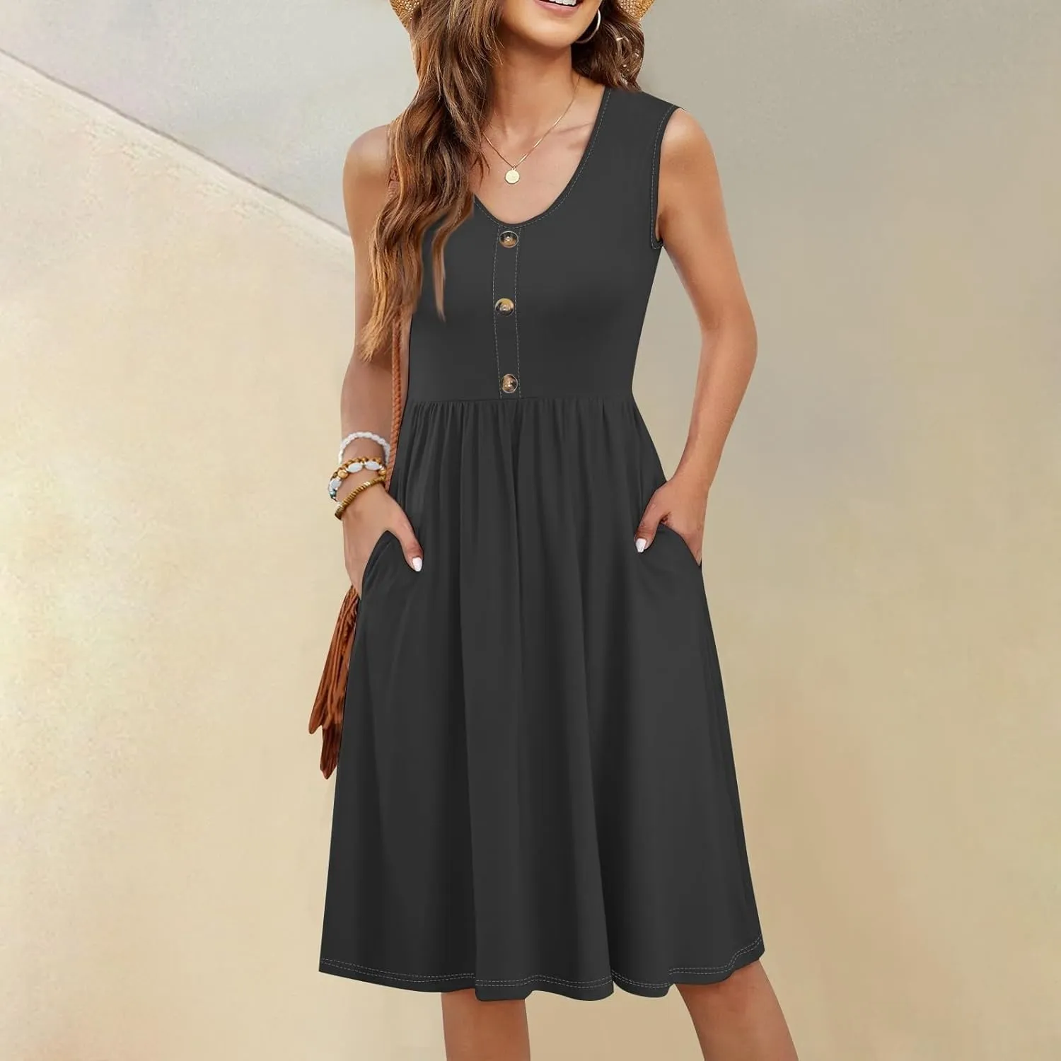 Summer Dresses for Women 2025 Casual Sleeveless Crewneck Midi Dress Flowy Pleated Beach Vacation Tank Sundresses