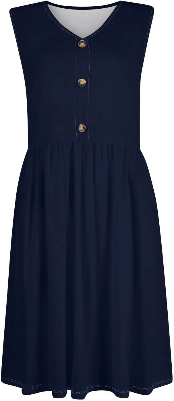 Summer Dresses for Women 2025 Casual Sleeveless Crewneck Midi Dress Flowy Pleated Beach Vacation Tank Sundresses