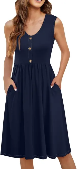 Summer Dresses for Women 2025 Casual Sleeveless Crewneck Midi Dress Flowy Pleated Beach Vacation Tank Sundresses