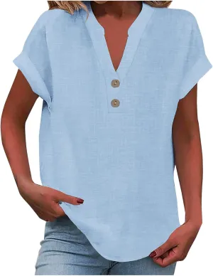 Summer Tops for Women 2025 Trendy Short Sleeve Cotton Linen Shirt Casual Button v Neck Tunic Blouses Outfits
