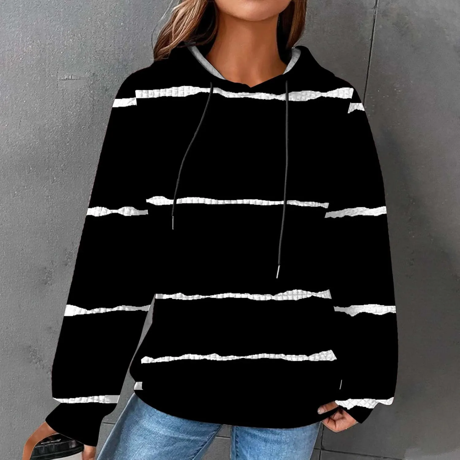 Sweatshirt for Womens Fashion Waffle Long Sleeve Striped Hoodies Casual Loose Lightweight Drawstring Pullover Shirts