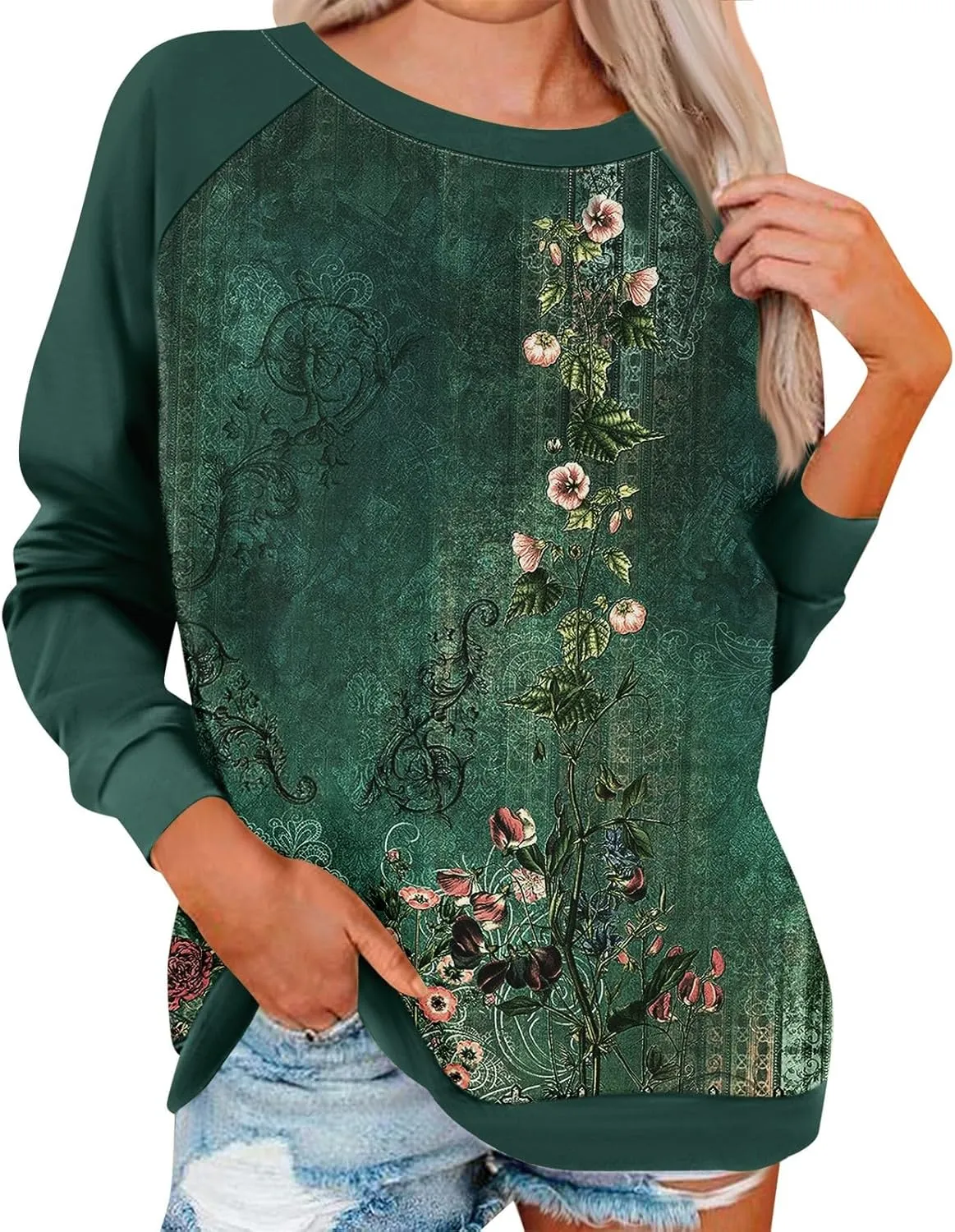 Sweatshirts for Women Crewneck Floral Print Vintage Tops Long Sleeve Casual Graphic Sweater Clothes