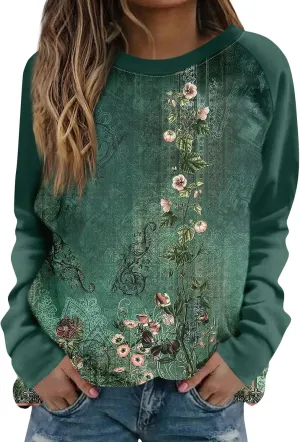 Sweatshirts for Women Crewneck Floral Print Vintage Tops Long Sleeve Casual Graphic Sweater Clothes