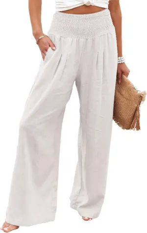 sysinside Womens Cotton Linen Pants Wide Leg High Waist Long Palazzo Trousers with Pocket