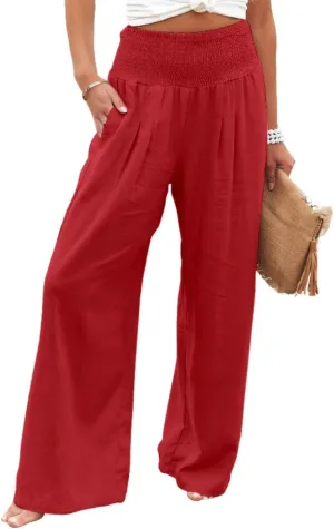 sysinside Womens Cotton Linen Pants Wide Leg High Waist Long Palazzo Trousers with Pocket
