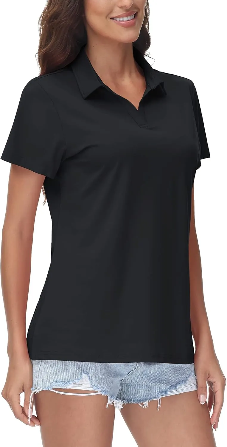 TACVASEN Women's V-Neck Polo Shirts UPF 50  Short Sleeve Sun Protection Quick Dry Golf Polos Collared Shirt