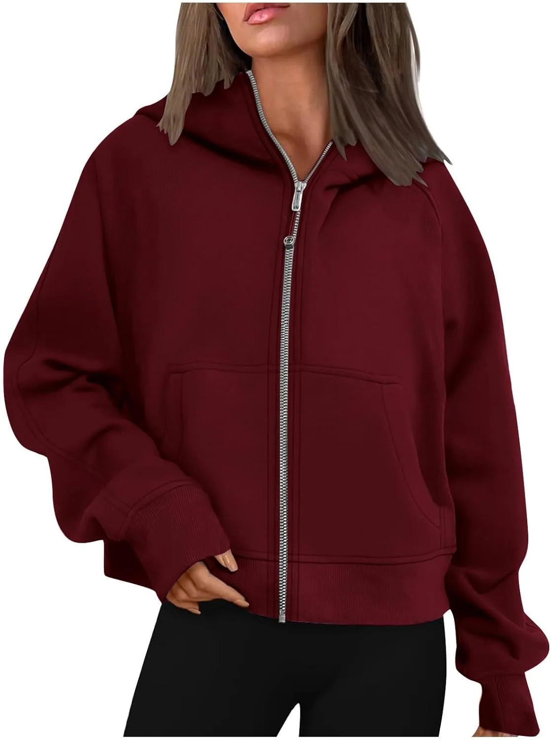 TANGNADE Womens Full Zip Pullover Cropped Hoodies Long Sleeve Fleece Sweatshirts with Pockets Fall Outfits Clothes