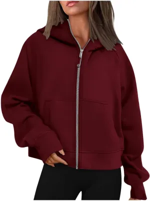 TANGNADE Womens Full Zip Pullover Cropped Hoodies Long Sleeve Fleece Sweatshirts with Pockets Fall Outfits Clothes
