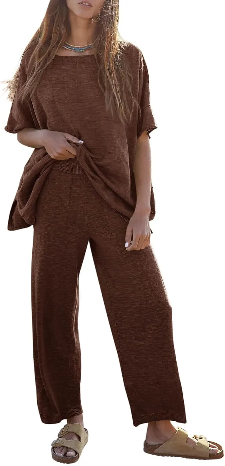 Tankaneo Women's 2 Piece Travel Outfits Casual Short Sleeve Knit Sweater Set Wide Leg Pants Lounge Sets Tracksuit
