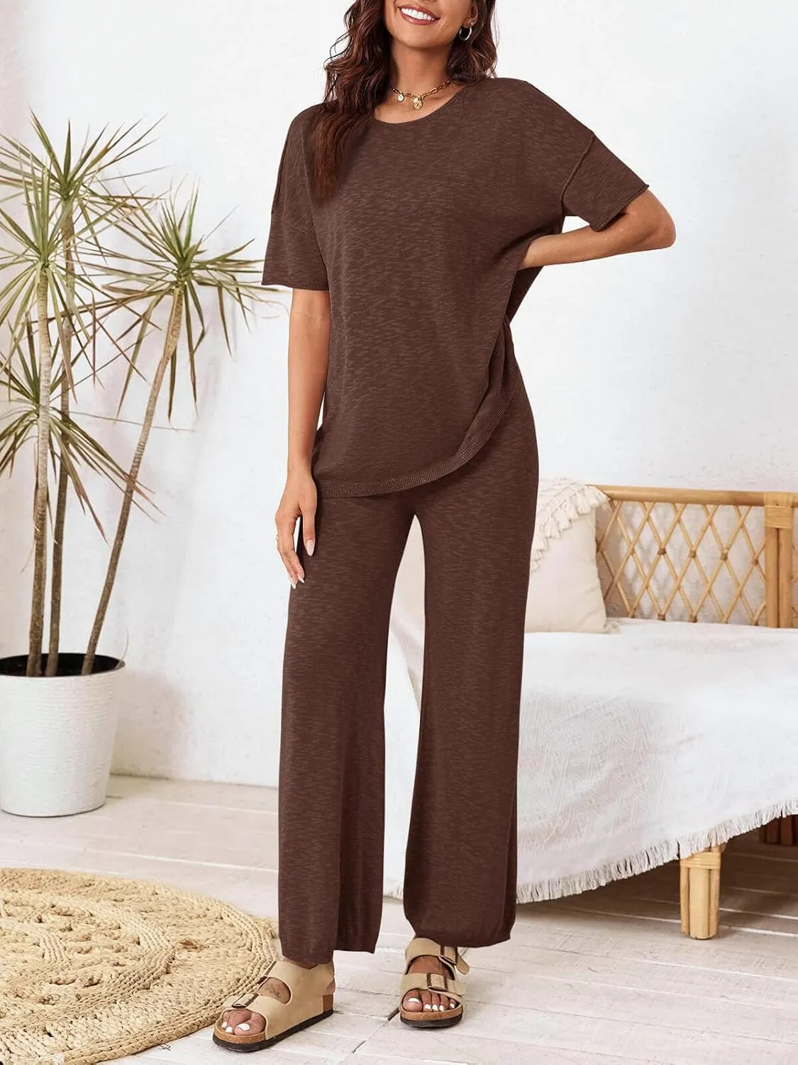 Tankaneo Women's 2 Piece Travel Outfits Casual Short Sleeve Knit Sweater Set Wide Leg Pants Lounge Sets Tracksuit