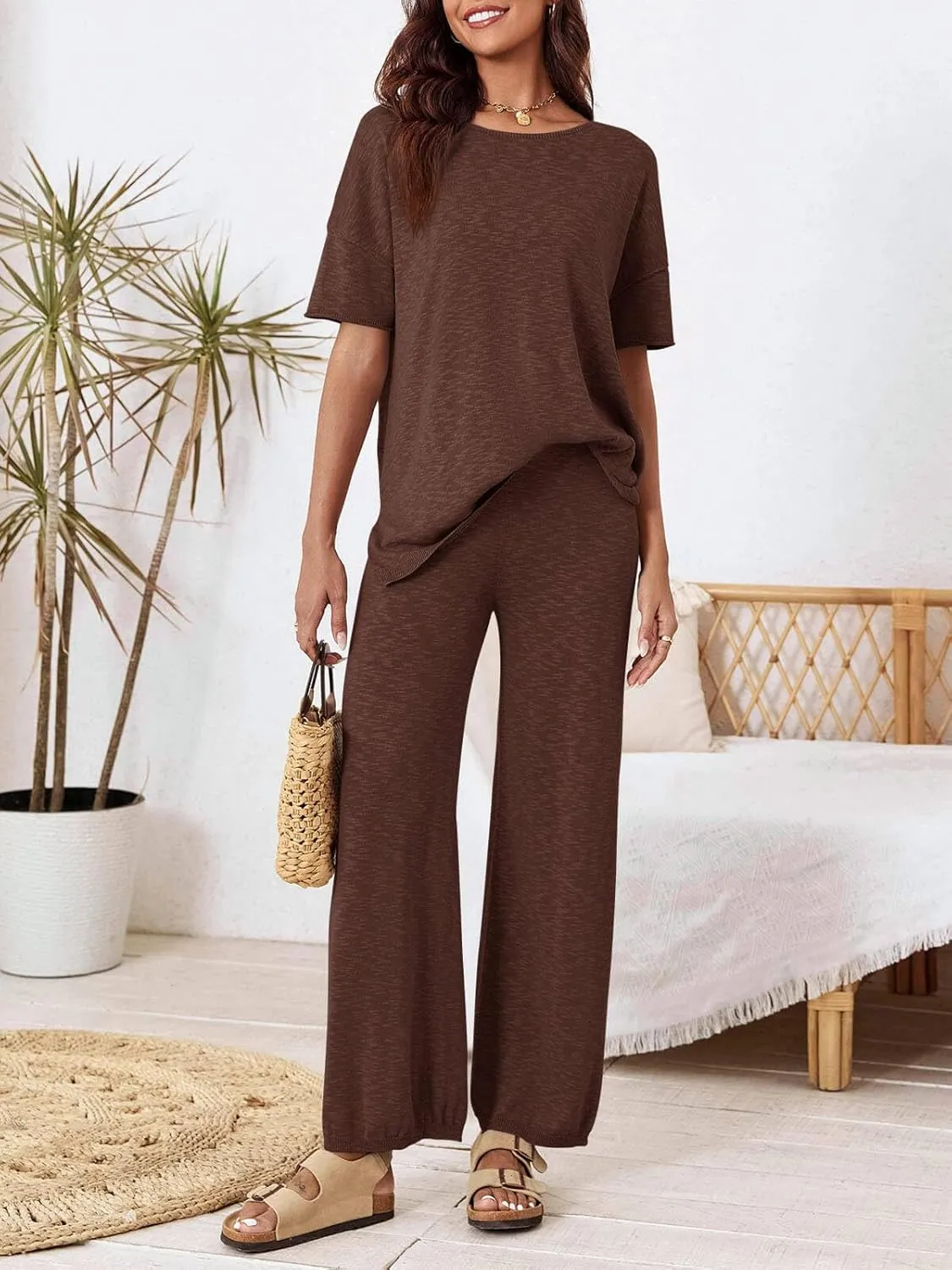 Tankaneo Women's 2 Piece Travel Outfits Casual Short Sleeve Knit Sweater Set Wide Leg Pants Lounge Sets Tracksuit