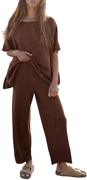 Tankaneo Women's 2 Piece Travel Outfits Casual Short Sleeve Knit Sweater Set Wide Leg Pants Lounge Sets Tracksuit