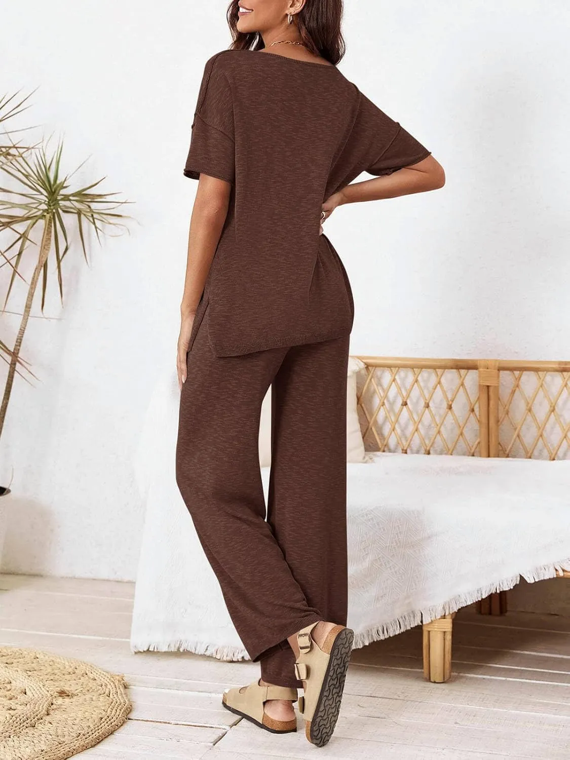 Tankaneo Women's 2 Piece Travel Outfits Casual Short Sleeve Knit Sweater Set Wide Leg Pants Lounge Sets Tracksuit