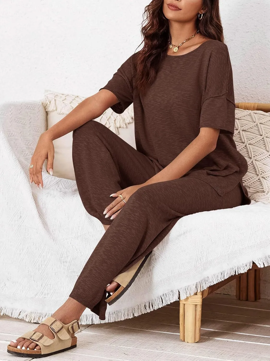 Tankaneo Women's 2 Piece Travel Outfits Casual Short Sleeve Knit Sweater Set Wide Leg Pants Lounge Sets Tracksuit