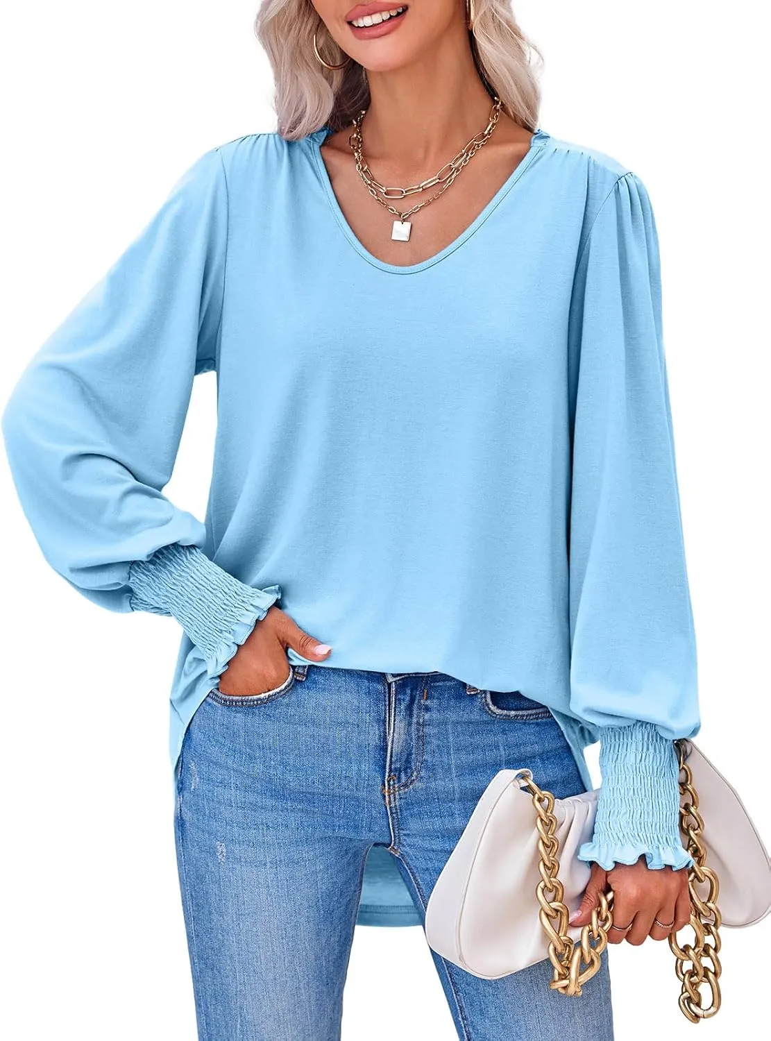 Tankaneo Womens Puff Long Sleeve Tops Oversized V Neck Shirts Dressy Casual Loose Fit Blouses Tees