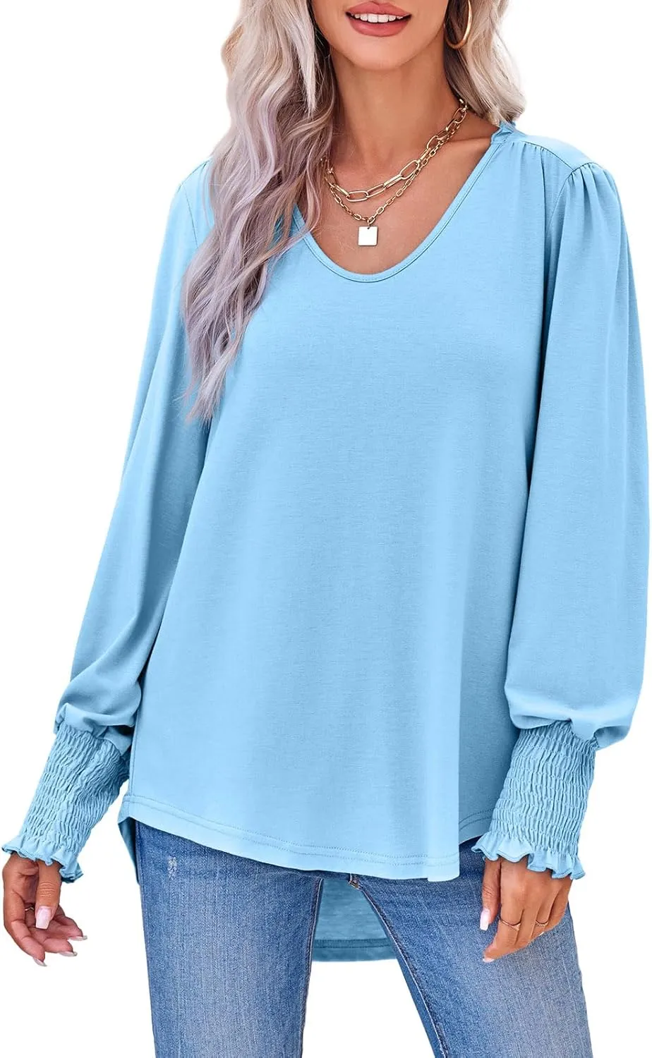 Tankaneo Womens Puff Long Sleeve Tops Oversized V Neck Shirts Dressy Casual Loose Fit Blouses Tees