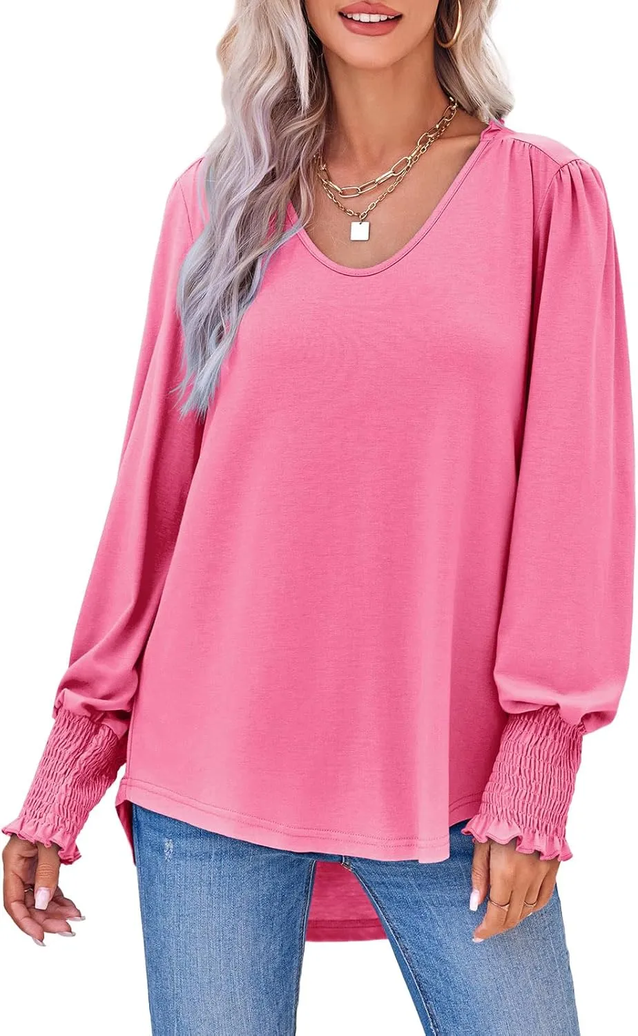 Tankaneo Womens Puff Long Sleeve Tops Oversized V Neck Shirts Dressy Casual Loose Fit Blouses Tees