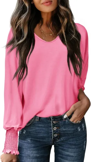 Tankaneo Womens Puff Long Sleeve Tops Oversized V Neck Shirts Dressy Casual Loose Fit Blouses Tees