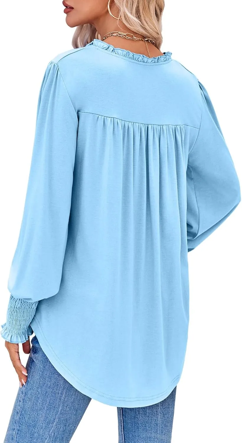 Tankaneo Womens Puff Long Sleeve Tops Oversized V Neck Shirts Dressy Casual Loose Fit Blouses Tees
