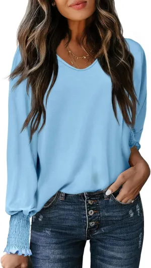 Tankaneo Womens Puff Long Sleeve Tops Oversized V Neck Shirts Dressy Casual Loose Fit Blouses Tees
