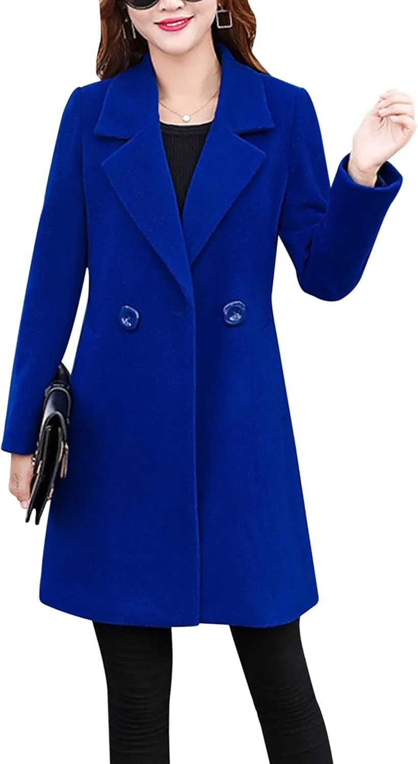 Tanming Womens Elegant Notched Collar Button Wool Blend Solid Long Pea Coat Overcoat