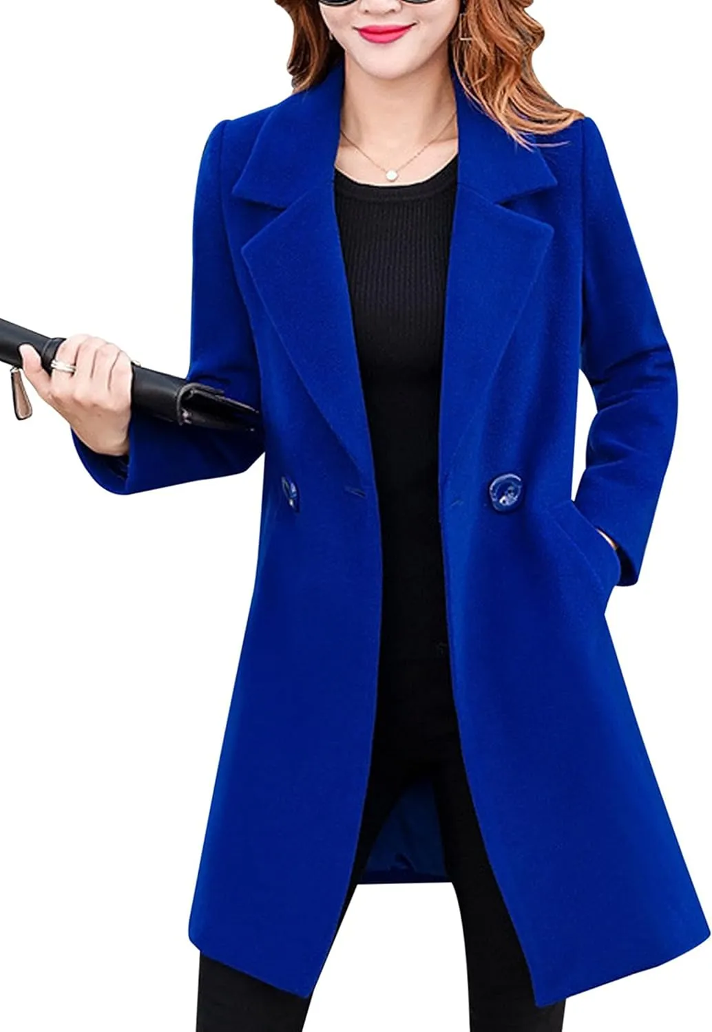 Tanming Womens Elegant Notched Collar Button Wool Blend Solid Long Pea Coat Overcoat