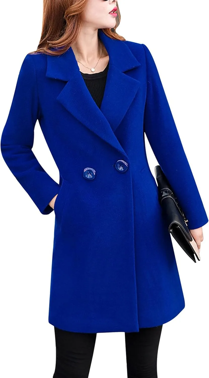 Tanming Womens Elegant Notched Collar Button Wool Blend Solid Long Pea Coat Overcoat