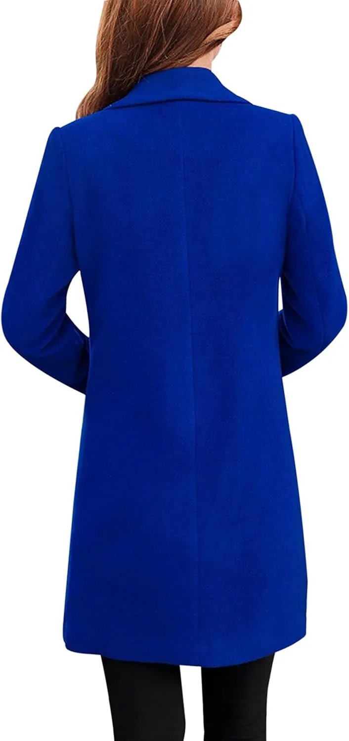 Tanming Womens Elegant Notched Collar Button Wool Blend Solid Long Pea Coat Overcoat