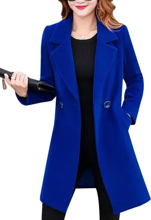 Tanming Womens Elegant Notched Collar Button Wool Blend Solid Long Pea Coat Overcoat