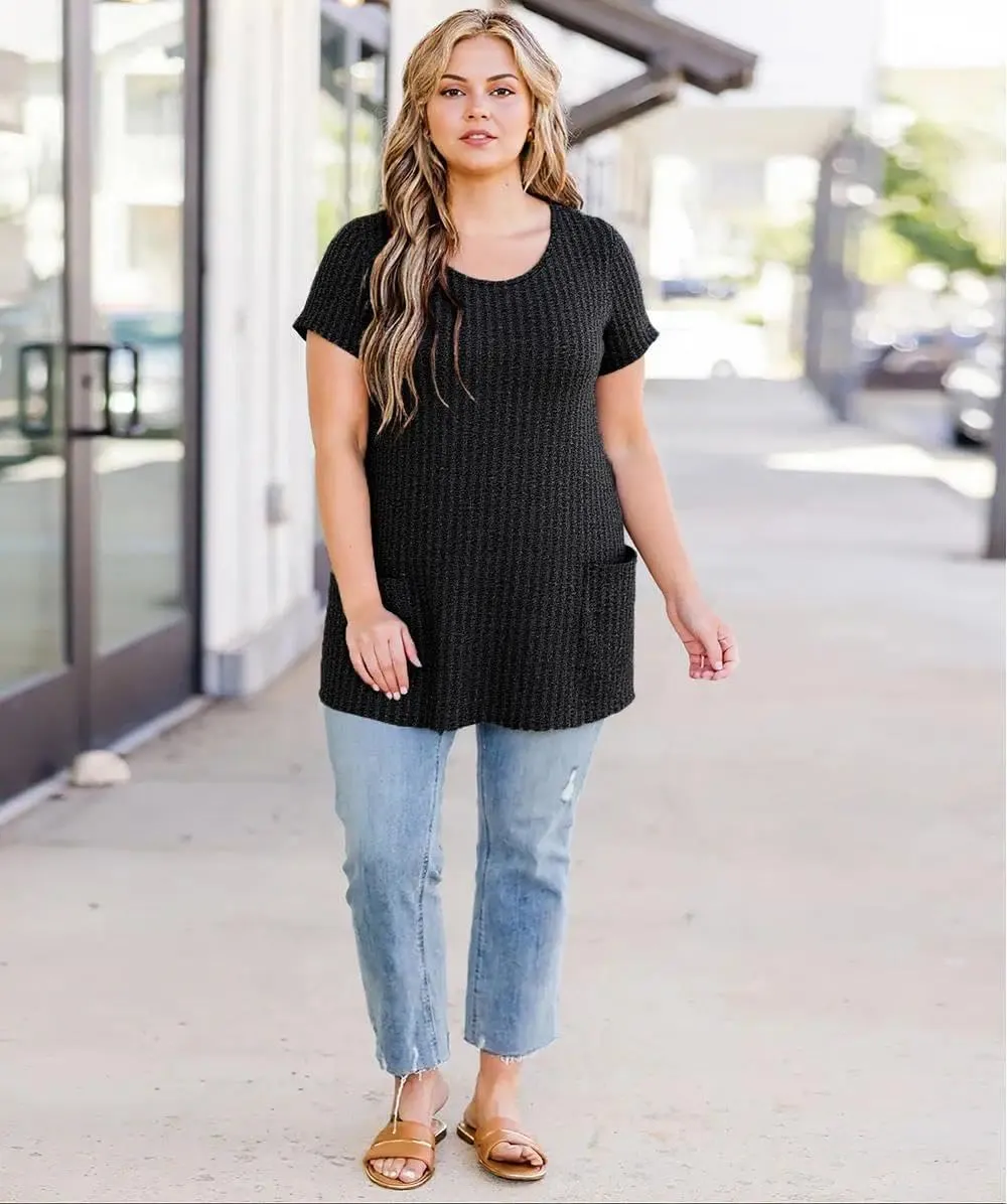 TIYOMI Plus Size Shirts for Women Pocket Long Tunic Tops Summer Casual T-Shirts XL-5XL