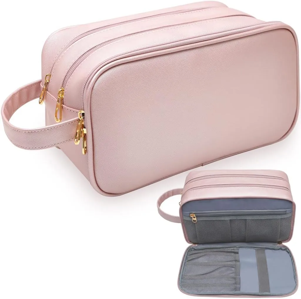 Travel Makeup Bag,Large Capacity Cosmetic Bags for Women Girls,Waterproof Portable Pouch Open Flat Toiletry Bag Make up Brushes Organizer with Handle (Black), B-Light Pink