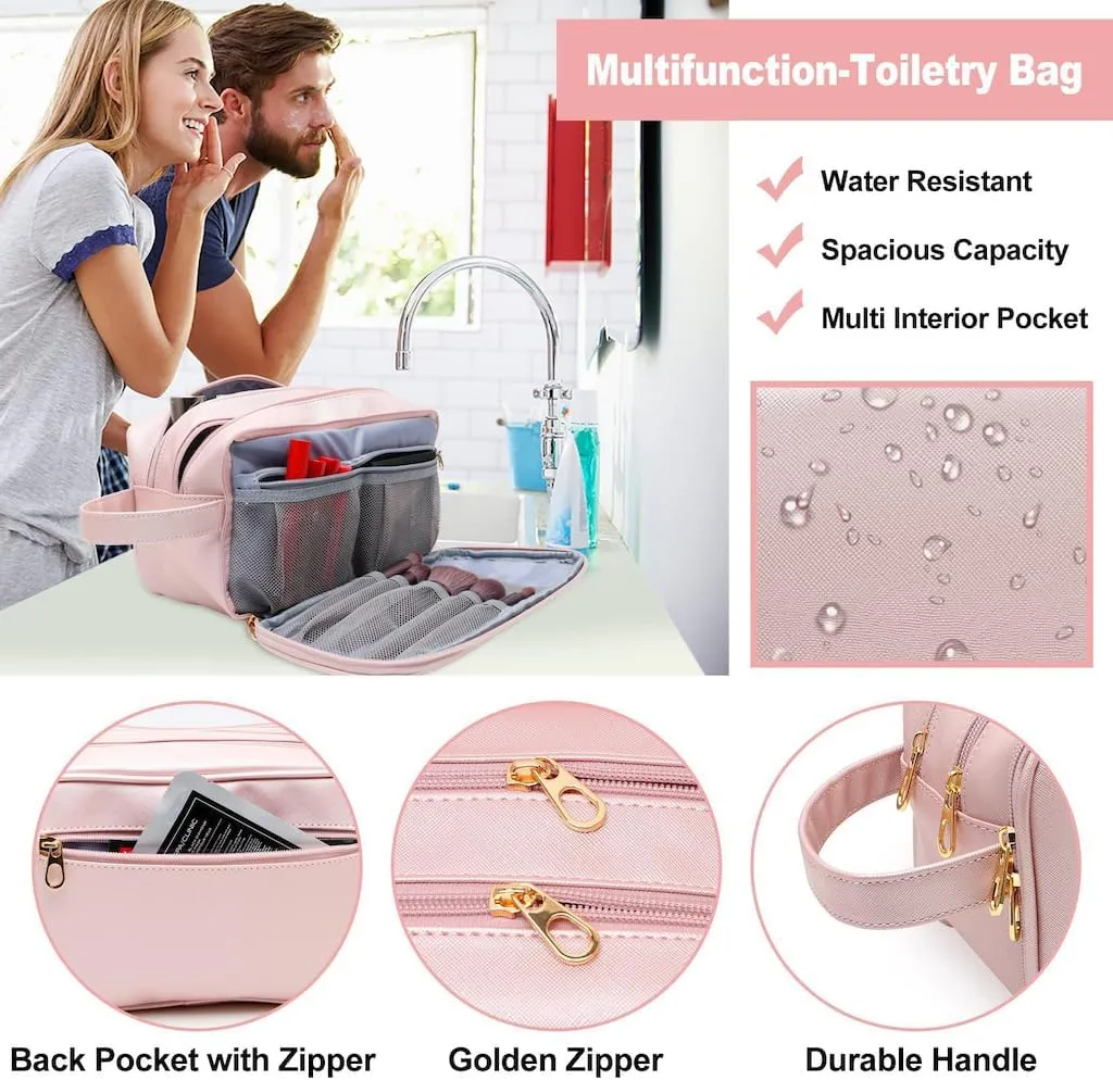 Travel Makeup Bag,Large Capacity Cosmetic Bags for Women Girls,Waterproof Portable Pouch Open Flat Toiletry Bag Make up Brushes Organizer with Handle (Black), B-Light Pink