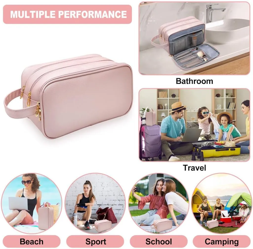 Travel Makeup Bag,Large Capacity Cosmetic Bags for Women Girls,Waterproof Portable Pouch Open Flat Toiletry Bag Make up Brushes Organizer with Handle (Black), B-Light Pink