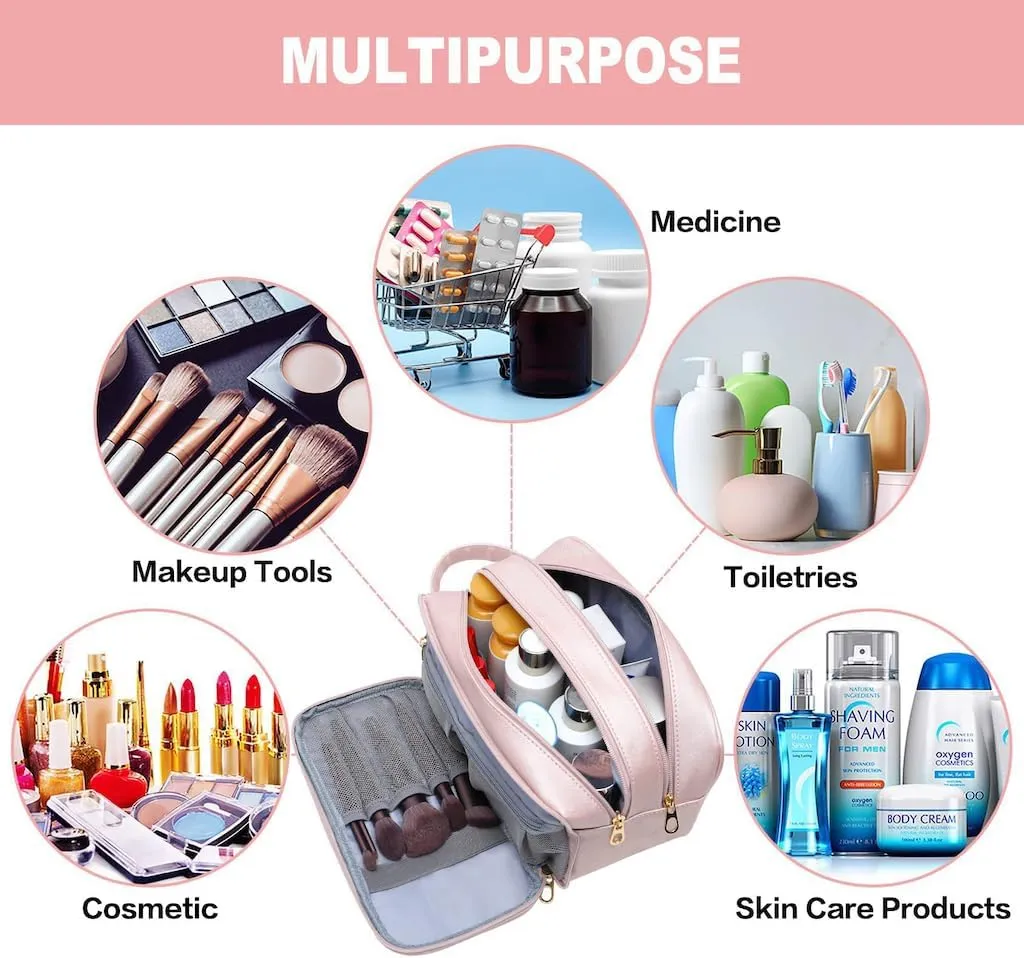 Travel Makeup Bag,Large Capacity Cosmetic Bags for Women Girls,Waterproof Portable Pouch Open Flat Toiletry Bag Make up Brushes Organizer with Handle (Black), B-Light Pink