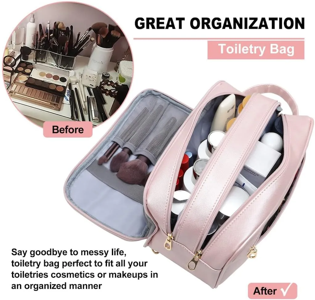 Travel Makeup Bag,Large Capacity Cosmetic Bags for Women Girls,Waterproof Portable Pouch Open Flat Toiletry Bag Make up Brushes Organizer with Handle (Black), B-Light Pink