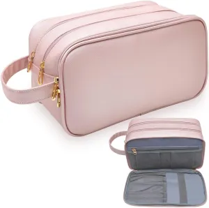 Travel Makeup Bag,Large Capacity Cosmetic Bags for Women Girls,Waterproof Portable Pouch Open Flat Toiletry Bag Make up Brushes Organizer with Handle (Black), B-Light Pink