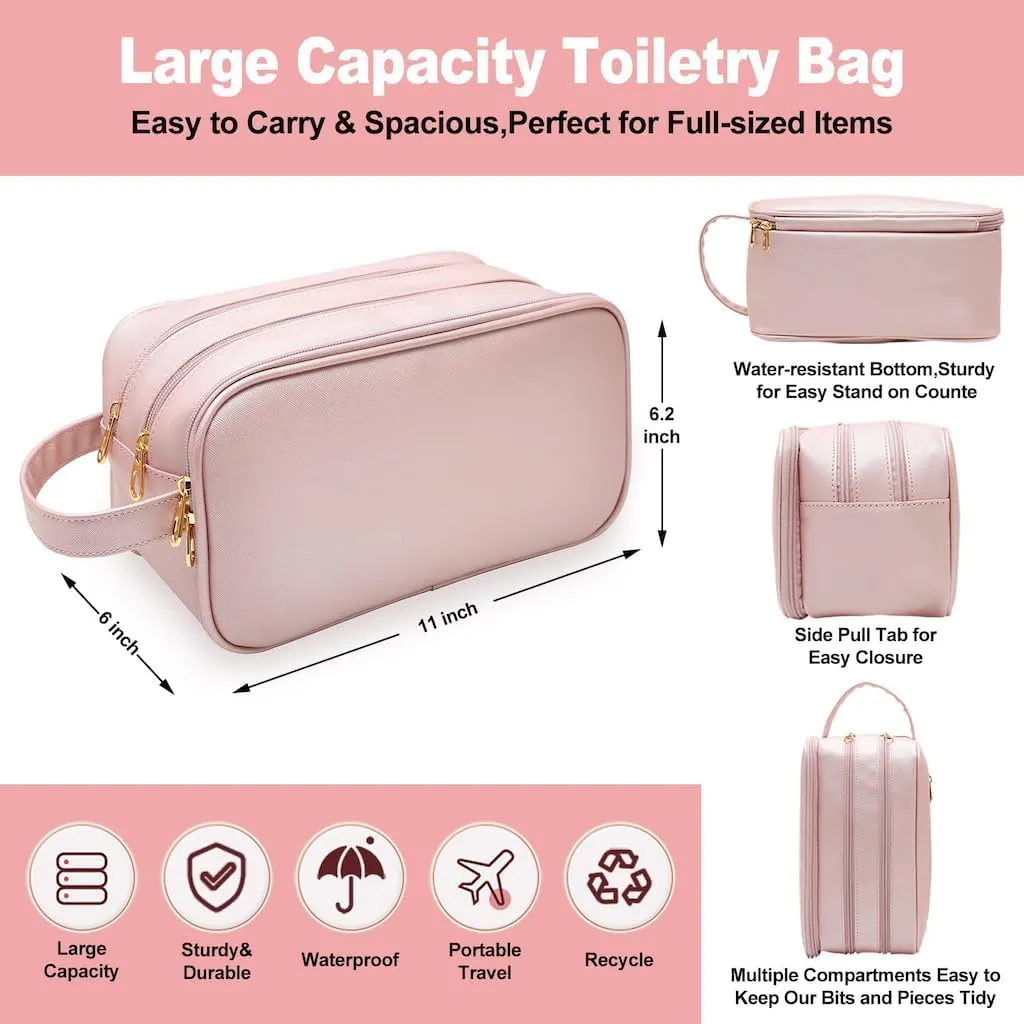 Travel Makeup Bag,Large Capacity Cosmetic Bags for Women Girls,Waterproof Portable Pouch Open Flat Toiletry Bag Make up Brushes Organizer with Handle (Black), B-Light Pink