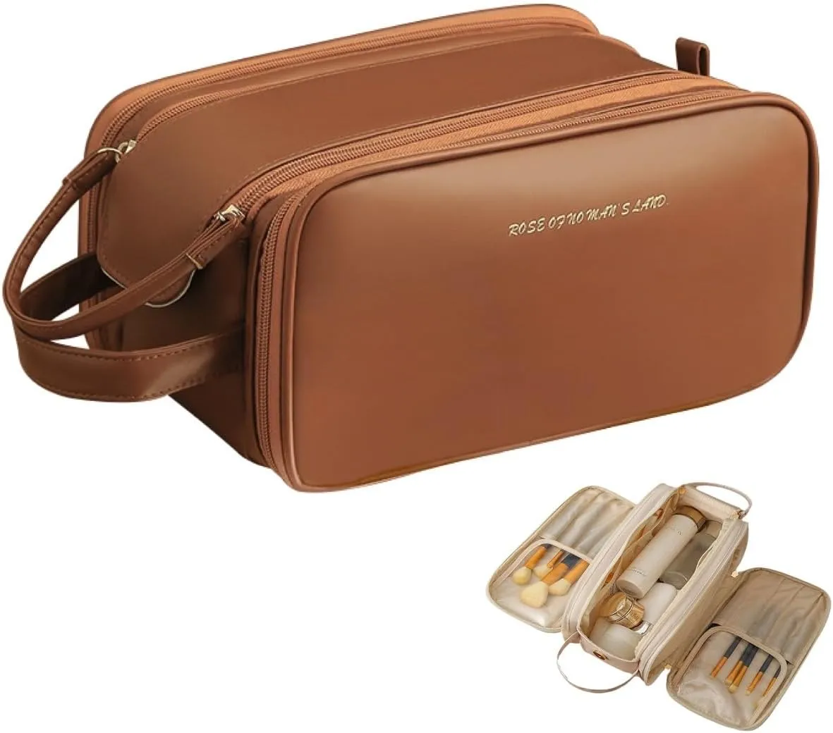 Travel Makeup Bag,Large Capacity Cosmetic Bags for Women Girls,Waterproof Portable Pouch Open Flat Toiletry Bag Make up Brushes Organizer with Handle (Black), Brown