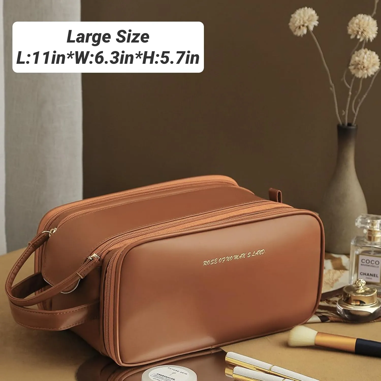 Travel Makeup Bag,Large Capacity Cosmetic Bags for Women Girls,Waterproof Portable Pouch Open Flat Toiletry Bag Make up Brushes Organizer with Handle (Black), Brown