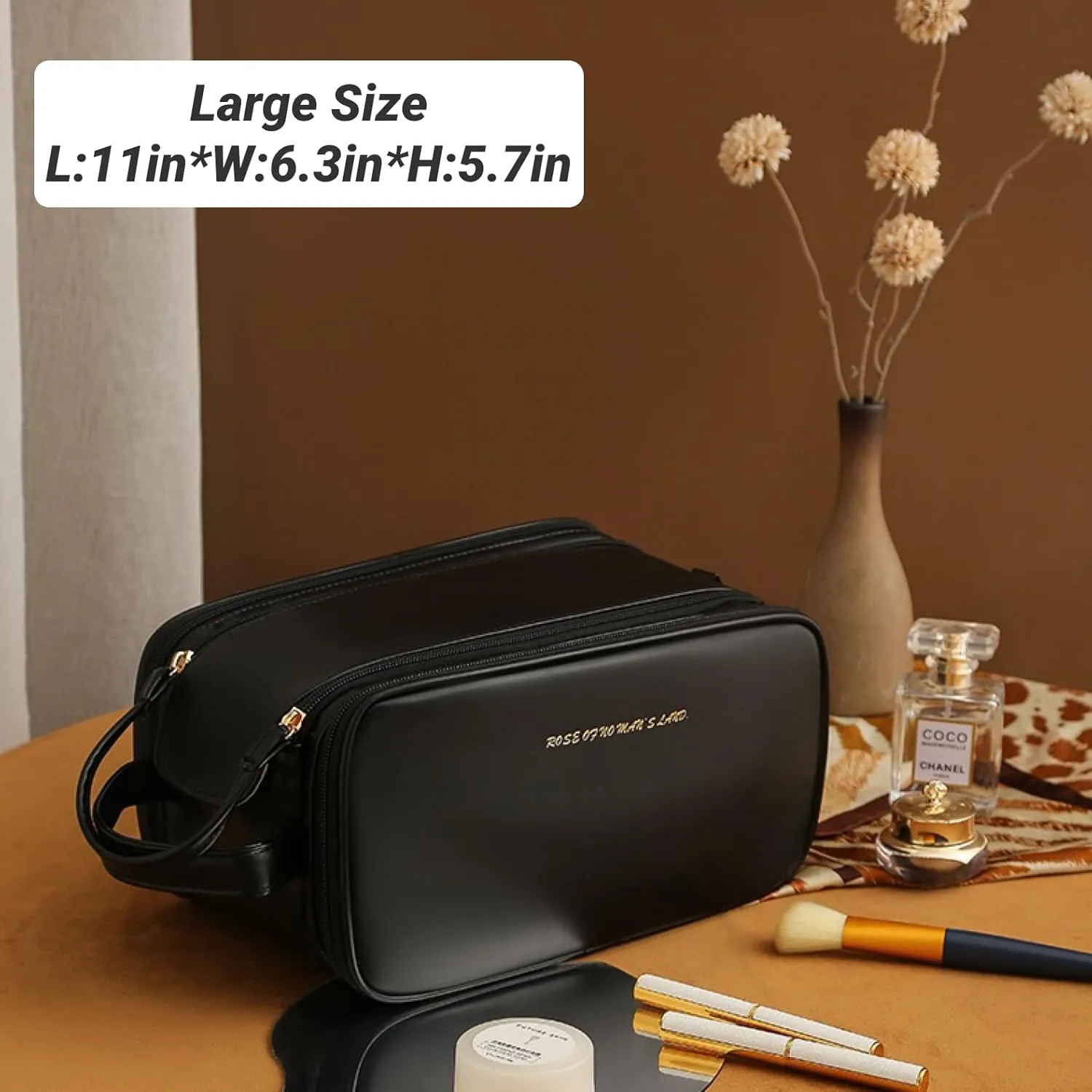 Travel Makeup Bag,Large Capacity Cosmetic Bags for Women Girls,Waterproof Portable Pouch Open Flat Toiletry Bag Make up Brushes Organizer with Handle (Black)