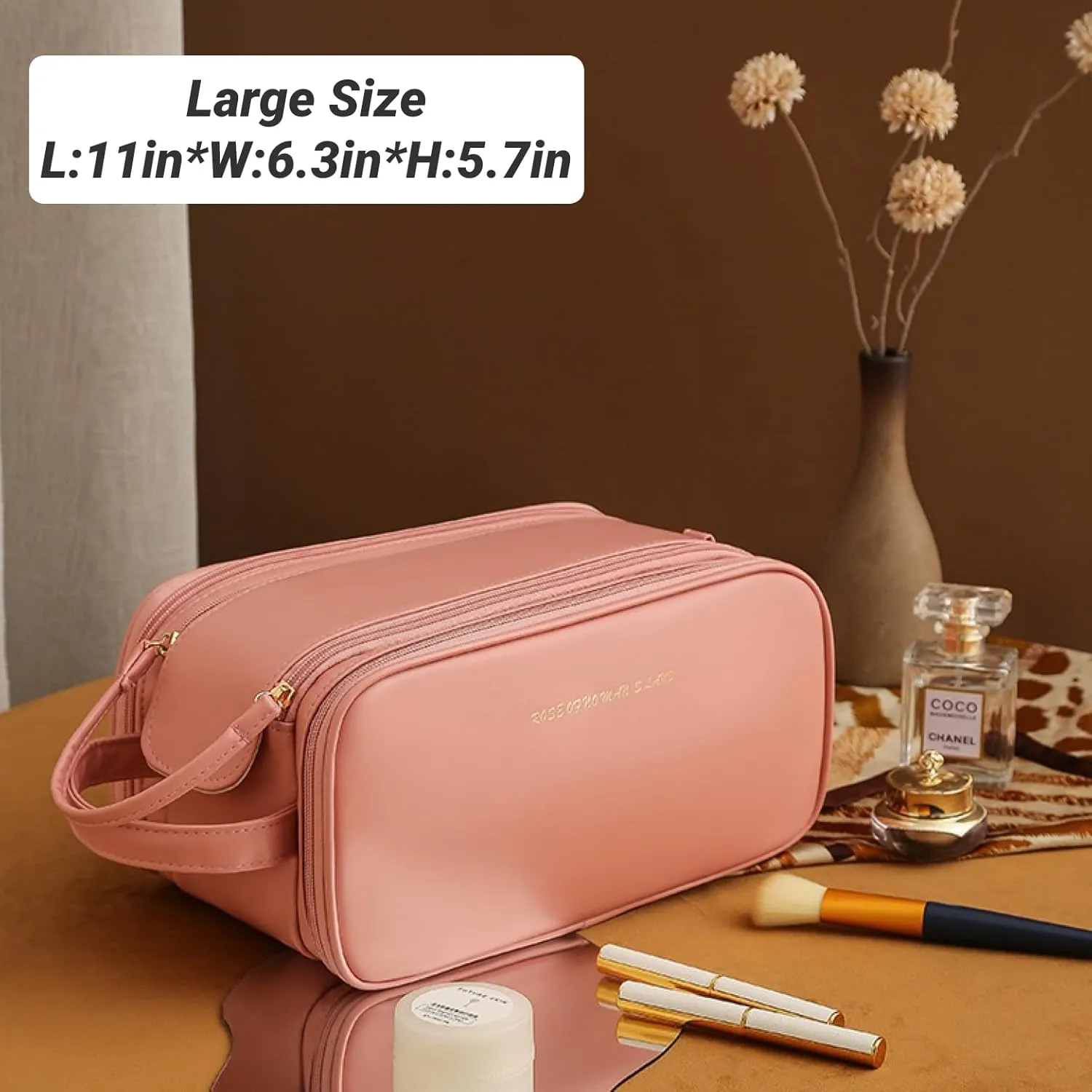 Travel Makeup Bag,Large Capacity Cosmetic Bags for Women Girls,Waterproof Portable Pouch Open Flat Toiletry Bag Make up Brushes Organizer with Handle (Black)