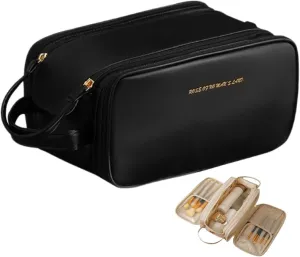 Travel Makeup Bag,Large Capacity Cosmetic Bags for Women Girls,Waterproof Portable Pouch Open Flat Toiletry Bag Make up Brushes Organizer with Handle (Black)