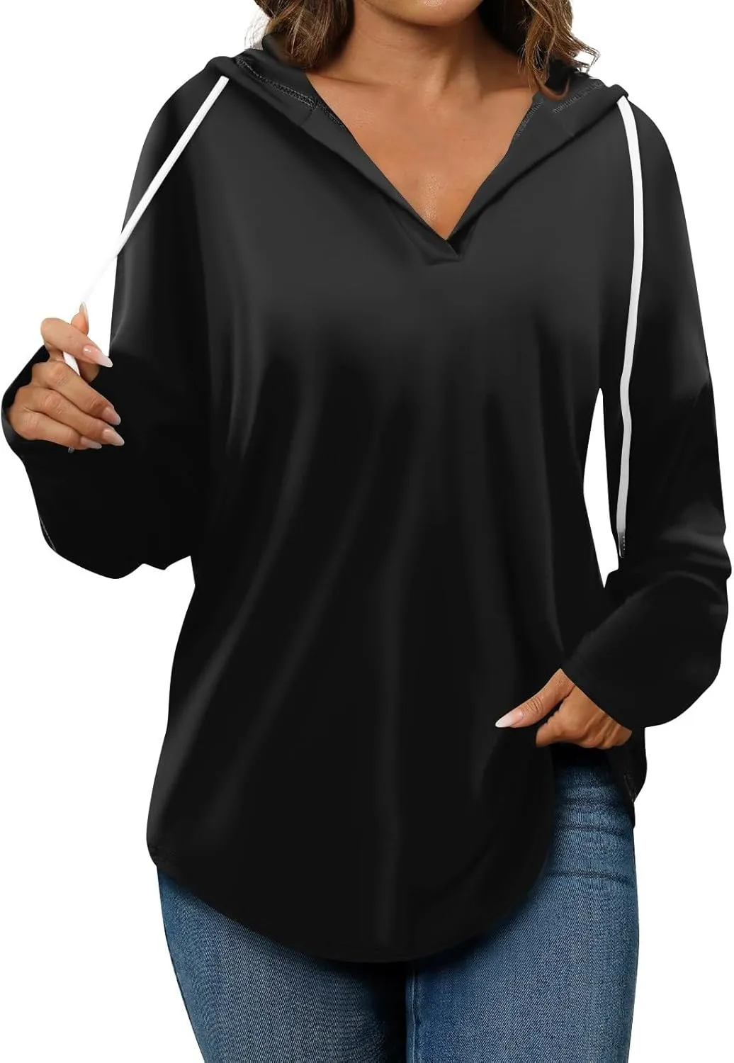 Trendy Hoodie for Women 2024 V Neck Sweatshirt Oversized Long Sleeve Pullover Outfit Drawstring Casual Outwear