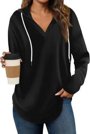 Trendy Hoodie for Women 2024 V Neck Sweatshirt Oversized Long Sleeve Pullover Outfit Drawstring Casual Outwear