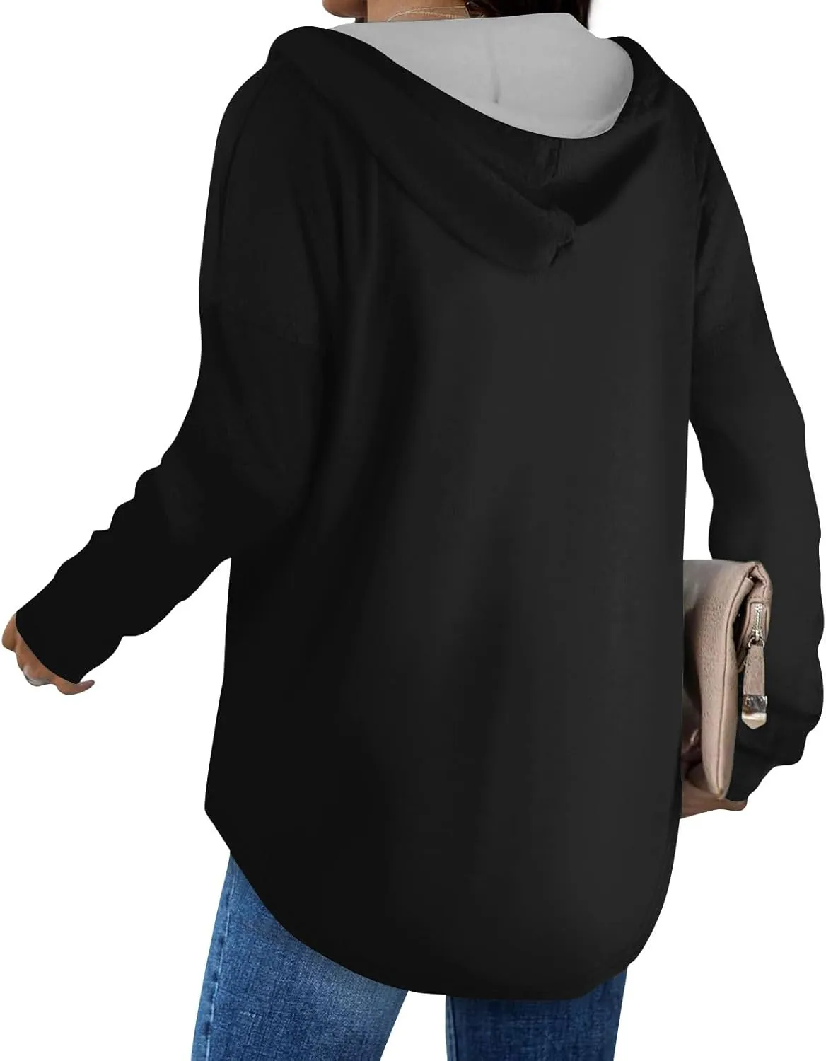 Trendy Hoodie for Women 2024 V Neck Sweatshirt Oversized Long Sleeve Pullover Outfit Drawstring Casual Outwear